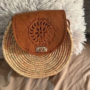 Woven Round Straw Crossbody Bag with Tan Leather Flap
